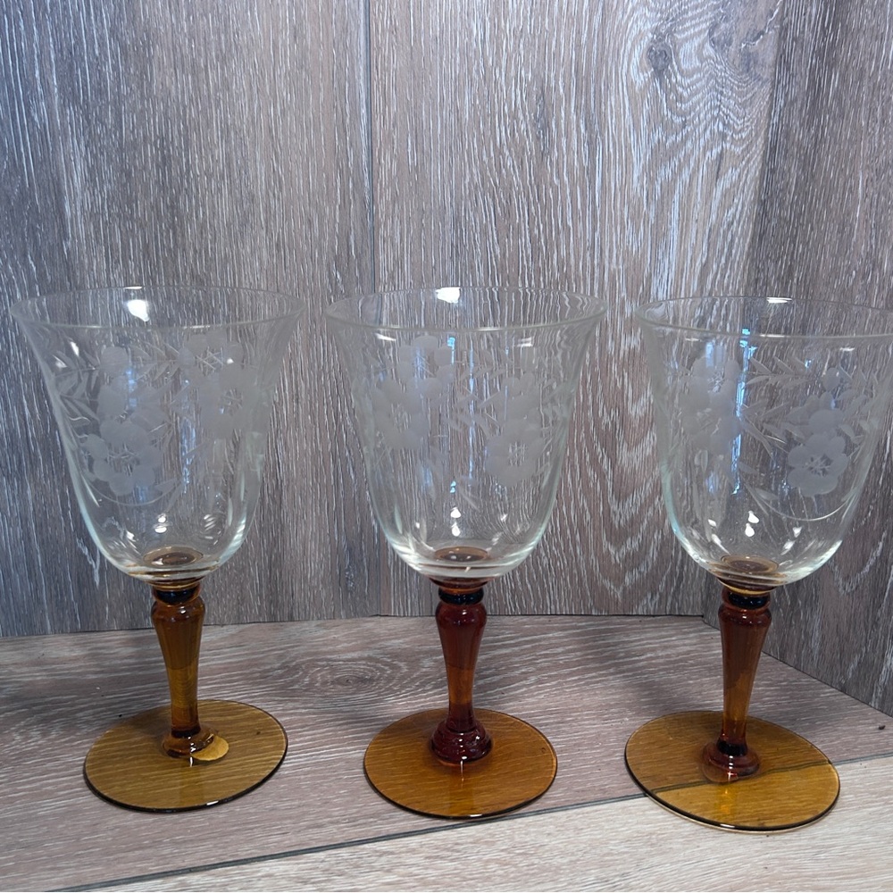 Vintage Etched Wine Glasses Set of 3– Amber, Floral Crystal Goblets, Mid-Century
